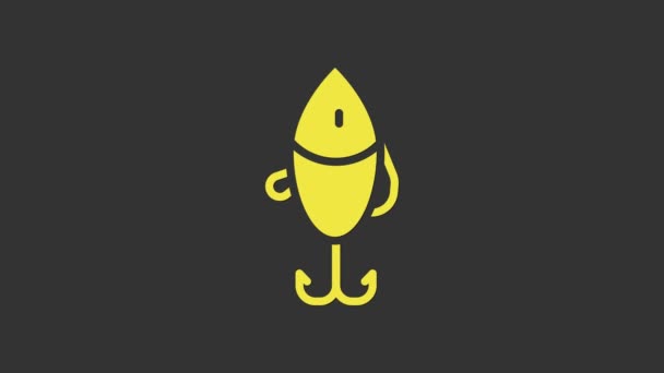 Желтая иконка рыбалки выделена на сером фоне. Рыболовные снасти. Видеографическая анимация 4K — стоковое видео