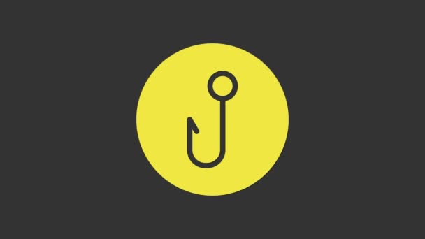 Yellow Fishing hook icon isolated on grey background. Fishing tackle. 4K Video motion graphic animation — Stock Video