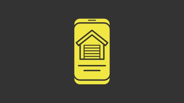 Yellow Online vastgoed huis op smartphone icoon geïsoleerd op grijze achtergrond. Woningkredietconcept, huur, koop, koop een woning. 4K Video motion grafische animatie — Stockvideo