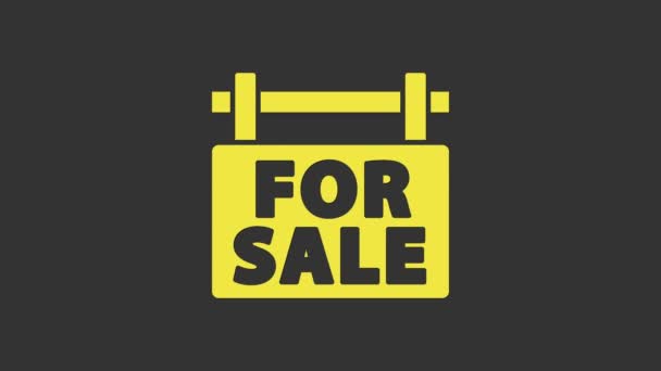 Κίτρινη πινακίδα Κρεμάλα με κείμενο προς πώληση εικονίδιο που απομονώνεται σε γκρι φόντο. Πινακίδα με κείμενο προς πώληση. 4K Γραφική κίνηση κίνησης βίντεο — Αρχείο Βίντεο