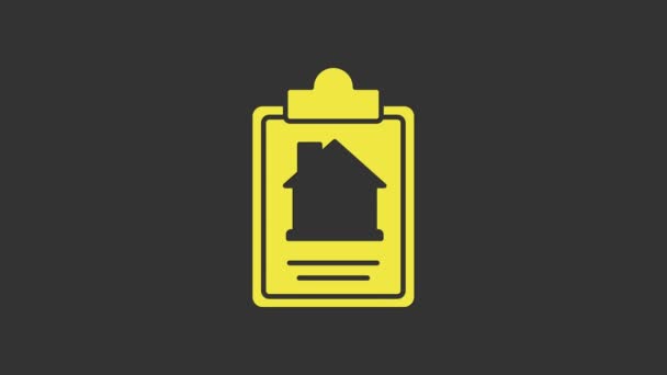 Gele Huis contract pictogram geïsoleerd op grijze achtergrond. Contract creatie dienst, document vorming, aanvraagformulier samenstelling. 4K Video motion grafische animatie — Stockvideo
