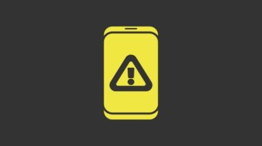Gri arkaplanda ünlem işareti simgesi olan sarı cep telefonu. Uyarı mesajı akıllı telefon uyarısı. 4K Video hareketli grafik canlandırması