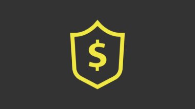 Gri arkaplanda dolar sembolü olan Sarı Kalkan. Güvenlik kalkanı koruması. Para güvenliği konsepti. 4K Video hareketli grafik canlandırması