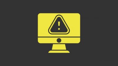 Gri arkaplanda ünlem işareti simgesi olan sarı bilgisayar monitörü. Uyarı mesajı akıllı telefon uyarısı. 4K Video hareketli grafik canlandırması