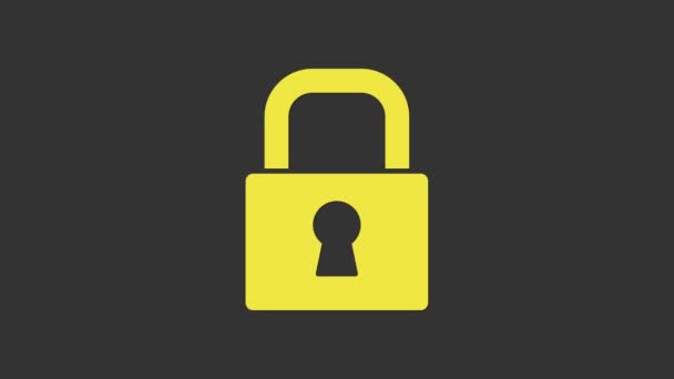 Gele Lock icoon geïsoleerd op grijze achtergrond. Hangslotteken. Beveiliging, veiligheid, bescherming, privacy concept. 4K Video motion grafische animatie — Stockvideo