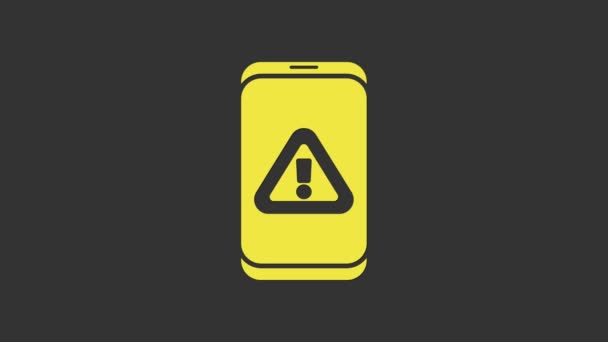 Ponsel Kuning dengan ikon tanda seru terisolasi pada latar belakang abu-abu. Peringatkan pesan notifikasi smartphone. Animasi grafis gerak Video 4K — Stok Video