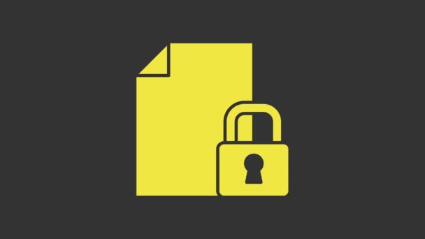 黄色灰色の背景に隔離されたドキュメントとロックアイコン。ファイル形式と南京錠。セキュリティ、安全、保護の概念。4Kビデオモーショングラフィックアニメーション — ストック動画
