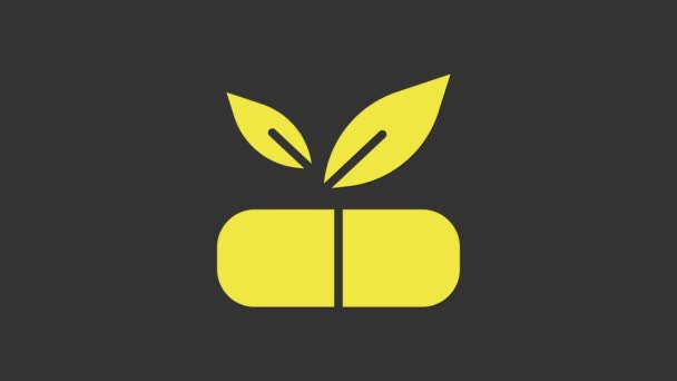 Żółta pigułka medyczna z ikoną rośliny izolowane na szarym tle. Ziołowa pigułka. 4K Animacja graficzna ruchu wideo — Wideo stockowe