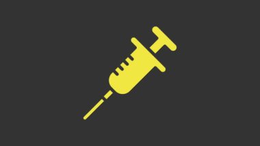 Sarı Şırınga simgesi gri arkaplanda izole edildi. Aşı için şırınga, aşı, iğne, grip aşısı. Tıbbi ekipman. 4K Video hareketli grafik canlandırması