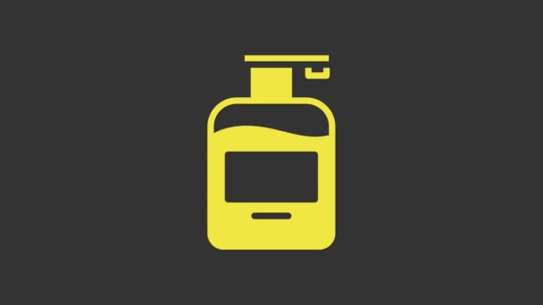 黄色瓶子的液体抗菌肥皂与配药图标分离的灰色背景。防腐剂消毒、卫生、护肤4K视频运动图形动画 — 图库视频影像