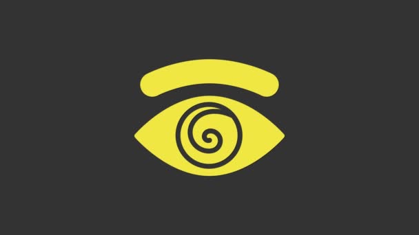 Gelbes Hypnose-Symbol isoliert auf grauem Hintergrund. Menschliches Auge mit spiralförmiger hypnotischer Iris. 4K Video Motion Grafik Animation — Stockvideo