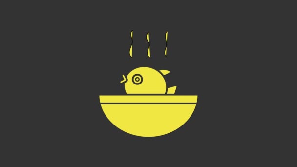 Żółta ikona zupy rybnej Puffer izolowana na szarym tle. Ryby Fugu japońskie rozdymki. 4K Animacja graficzna ruchu wideo — Wideo stockowe