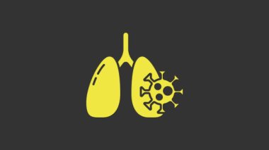 Akciğer ikonundaki sarı virüs hücreleri gri arkaplanda izole edilmiş. Enfeksiyon kapmış ciğerler. Coronavirus, COVID-19. 2019-NCoV. 4K Video hareketli grafik canlandırması