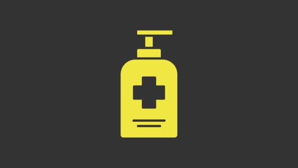 Frasco amarelo de sabão antibacteriano líquido com ícone de dispensador isolado em fundo cinza. Anti-séptico. Desinfecção, higiene, cuidados com a pele. Animação gráfica em movimento de vídeo 4K — Vídeo de Stock