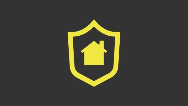 Žlutý dům s ikonou štítu izolované na šedém pozadí. Pojištění. Zabezpečení, bezpečnost, ochrana, koncepce ochrany. Grafická animace pohybu videa 4K