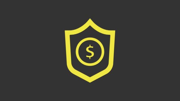 Escudo Amarelo com ícone de símbolo de dólar isolado no fundo cinza. Proteção de escudo de segurança. Conceito de segurança monetária. Animação gráfica em movimento de vídeo 4K — Vídeo de Stock