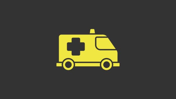Icono amarillo de ambulancia y coche de emergencia aislado sobre fondo gris. Evacuación médica de vehículos de ambulancia. Animación gráfica de vídeo 4K — Vídeos de Stock