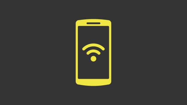 Smartphone jaune avec wi-fi gratuit icône de connexion sans fil isolé sur fond gris. Technologie sans fil, réseau, concepts de hotspot. Animation graphique de mouvement vidéo 4K — Video