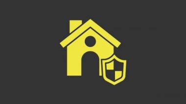 Sarı Ev, gri arka planda izole edilmiş bir kalkan simgesi. Sigorta konsepti. Güvenlik, güvenlik, koruma, konsept koruma. 4K Video hareketli grafik canlandırması