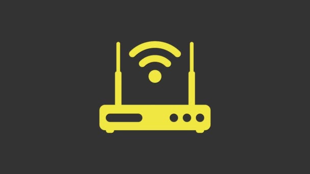 Routeur jaune et symbole de signal wi-fi icône isolée sur fond gris. Routeur de modem Ethernet sans fil. Internet informatique. Animation graphique de mouvement vidéo 4K — Video