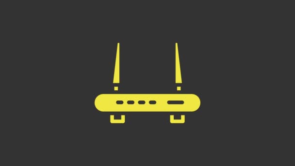 Router amarillo e icono de señal wi-fi aislados sobre fondo gris. Router de módem Ethernet inalámbrico. Internet de tecnología informática. Animación gráfica de vídeo 4K — Vídeos de Stock