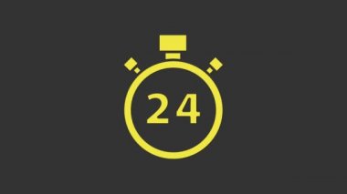 Sarı Stopwatch 24 saat simgesi gri arkaplanda izole edildi. Tüm gün döngü simgesi. 24 saat hizmet sembolü. 4K Video hareketli grafik canlandırması