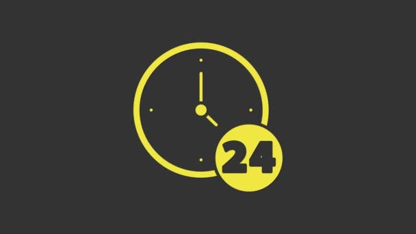 Yellow Clock 24 hours icon isolated on grey background. All day cyclic icon. 24 hours service symbol. 4K Video motion graphic animation — Stock Video