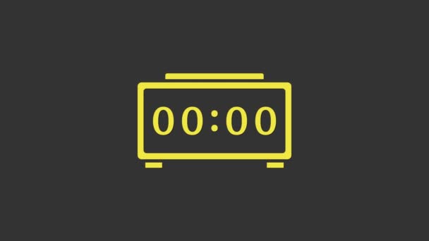 Icono de despertador digital amarillo aislado sobre fondo gris. Reloj despertador electrónico. Icono de tiempo. Animación gráfica de vídeo 4K — Vídeos de Stock