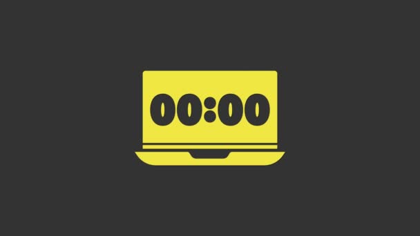 Reloj amarillo en el icono de la pantalla del ordenador portátil aislado en fondo gris. Programar conceptos. Animación gráfica de vídeo 4K — Vídeo de stock