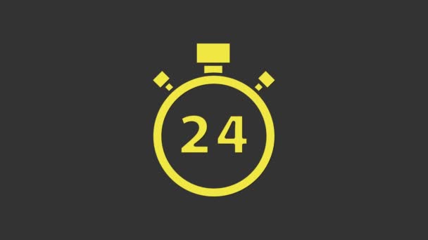 Žluté stopky 24 hodin ikona izolované na šedém pozadí. Celodenní cyklická ikona. 24 hodinový symbol služby. Grafická animace pohybu videa 4K — Stock video