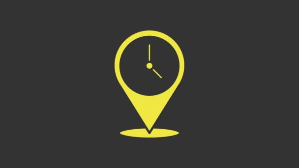 Ubicación amarilla con icono de reloj aislado sobre fondo gris. Animación gráfica de vídeo 4K — Vídeos de Stock