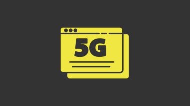 Sarı 5G yeni kablosuz internet kablosuz bağlantı simgesi gri arkaplanda izole edildi. Küresel ağ yüksek hızlı bağlantı veri oranı teknolojisi. 4K Video hareketli grafik canlandırması