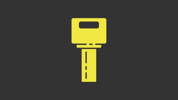 Κλειδί κίτρινο αυτοκίνητο με απομακρυσμένο εικονίδιο που απομονώνεται σε γκρι φόντο. Κλειδί αυτοκινήτου και σύστημα συναγερμού. 4K Γραφική κίνηση κίνησης βίντεο — Αρχείο Βίντεο