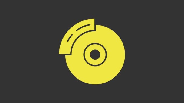 Žlutý brzdový kotouč s ikonou kaliperu izolovaný na šedém pozadí. Grafická animace pohybu videa 4K — Stock video