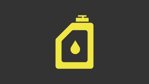Žlutá nádobka pro motorový olej ikona izolované na šedém pozadí. Olejový galon. Služba výměny oleje a opravy. Značka motorového oleje. Grafická animace pohybu videa 4K — Stock video