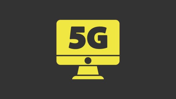 Sarı Monitör ve 5G yeni kablosuz internet kablosuz kablosuz kablosuz ağ ikonu gri arkaplanda izole edildi. Küresel ağ yüksek hızlı bağlantı veri oranı teknolojisi. 4K Video hareketli grafik canlandırması — Stok video