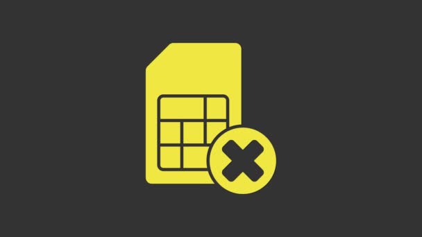 Tarjeta Sim amarillo rechazado icono aislado sobre fondo gris. Móvil chip de tarjeta SIM de teléfono celular. Símbolo de tecnología de telecomunicaciones móviles. Animación gráfica de vídeo 4K — Vídeos de Stock