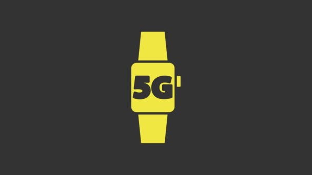 Amarelo relógio inteligente 5G novo ícone wi-fi internet sem fio isolado no fundo cinza. Tecnologia de taxa de dados de conexão de alta velocidade de rede global. Animação gráfica em movimento de vídeo 4K — Vídeo de Stock