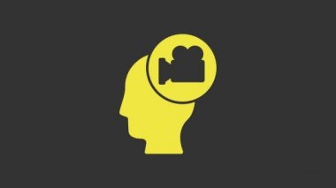 Gri arkaplanda kamera simgesi olan Sarı Kafa. Video kamera. Film tabelası. Film projektörü. 4K Video hareketli grafik canlandırması