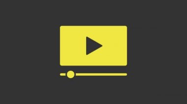 Sarı Online video oynatma simgesi gri arkaplanda izole edildi. Oyun işaretli film şeridi. 4K Video hareketli grafik canlandırması