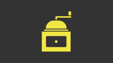 Sarı Manuel kahve öğütücü ikonu gri arka planda izole edilmiş. 4K Video hareketli grafik canlandırması