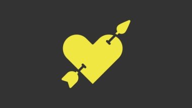 Sarı Amour sembolü. Gri arkaplanda kalp ve ok simgesi var. Aşk işareti. Sevgililer Günü sembolü. 4K Video hareketli grafik canlandırması