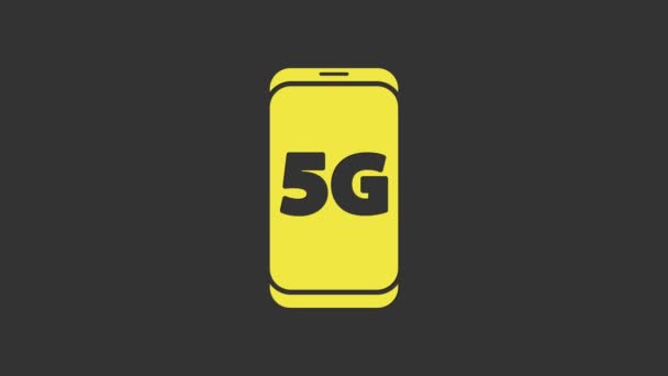 Amarelo Móvel com 5G novo ícone de internet wi-fi sem fio isolado em fundo cinza. Tecnologia de taxa de dados de conexão de alta velocidade de rede global. Animação gráfica em movimento de vídeo 4K — Vídeo de Stock