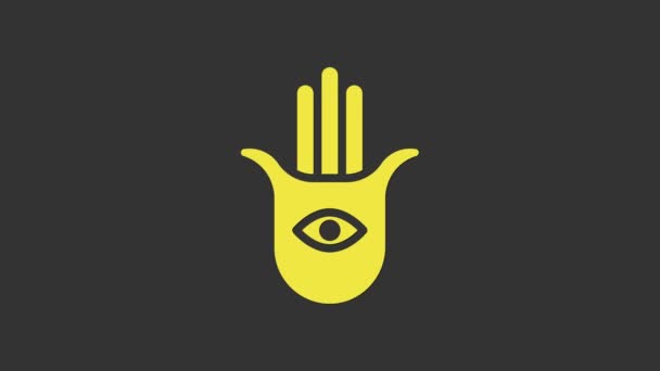 Ícone de mão Hamsa amarelo isolado no fundo cinza. Mão de Fátima - amuleto, símbolo da proteção do olho de diabo. Animação gráfica em movimento de vídeo 4K — Vídeo de Stock