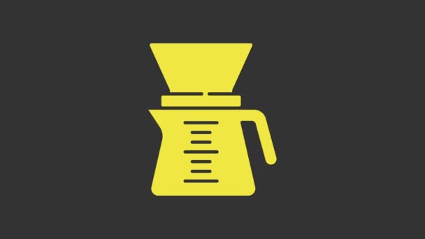 Žlutý Pour přes ikonu kávovar izolované na šedém pozadí. Alternativní způsoby vaření kávy. Kafe kultura. Grafická animace pohybu videa 4K — Stock video
