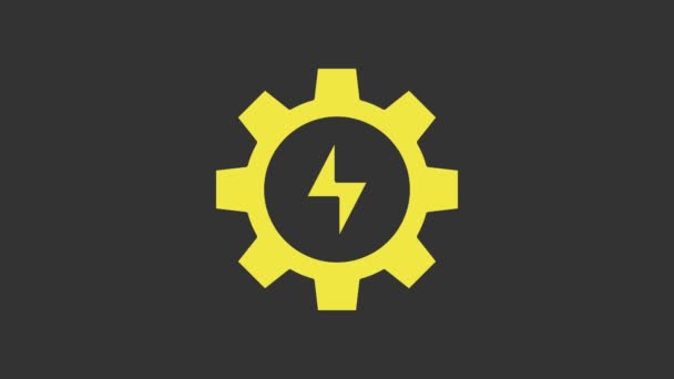 Icono de engranaje amarillo y relámpago aislado sobre fondo gris. Energía eléctrica. Señal de rayo. Animación gráfica de vídeo 4K — Vídeo de stock