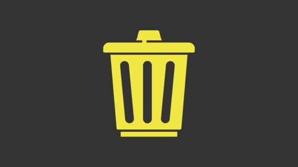 Ícone de lata de lixo amarelo isolado no fundo cinza. Sinal de lixeira. Ícone da cesta de reciclagem. Ícone de lixo do escritório. Animação gráfica em movimento de vídeo 4K — Vídeo de Stock