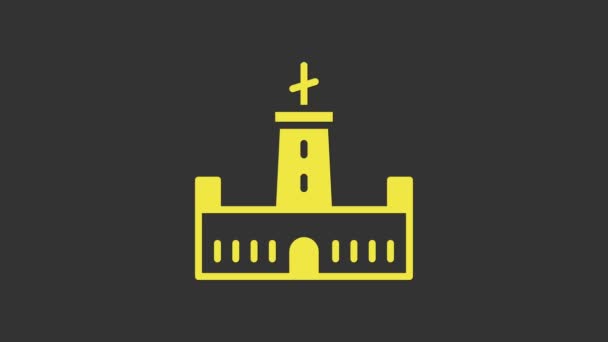 Ícone amarelo do castelo Montjuic isolado no fundo cinzento. Barcelona, Espanha. Animação gráfica em movimento de vídeo 4K — Vídeo de Stock