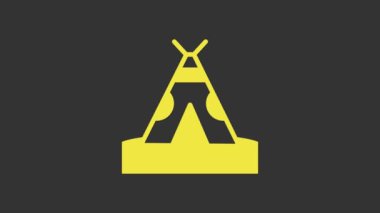 Sarı geleneksel kızılderili çadırı ya da wigwam simgesi gri arkaplanda izole edilmiş. Kızılderili çadırı. 4K Video hareketli grafik canlandırması