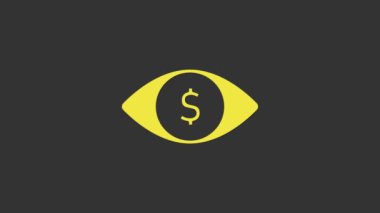 Gri arkaplanda dolar simgesi olan Sarı Göz. 4K Video hareketli grafik canlandırması